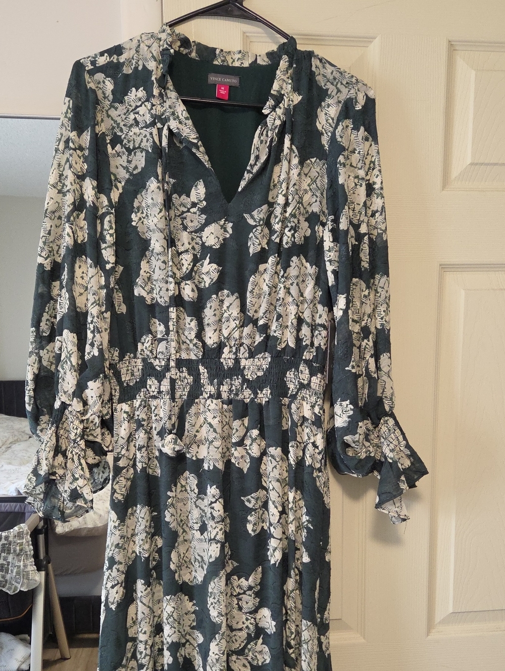 Vince Camuto Dark Green and Cream Floral Tie-Neck Midi Dress